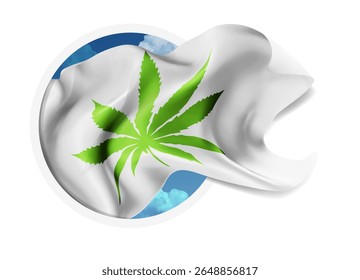 Сannabis, vector 3d flag against a blue sky, through a round hole on a white background