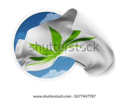 Сannabis, vector 3d flag against a blue sky, through a round hole on a white background