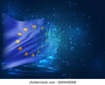 vector 3d flag on blue background with hud interfaces, European Union