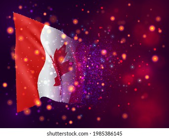 vector 3d flag on pink purple background with lighting and flares. Canada