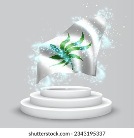 Сannabis, vector 3d flag on the podium surrounded by a whirlwind of magical radiance