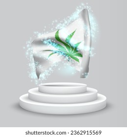 Сannabis, vector 3d flag on the podium surrounded by a whirlwind of magical radiance