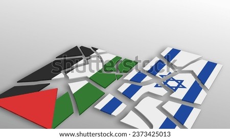 Vector 3d flags of Palestine and Israel split into small pieces. Conflict, fighting, war. Light gray background.