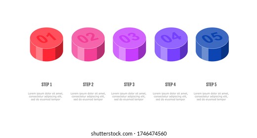 Vector 3d flat cylinders. Business template for presentation. Creative concept for isometric infographic with 5 steps, options, parts or processes.