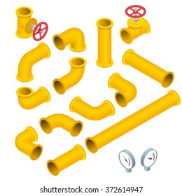 Vektor 3d flachisometrische Illustrationssammlung mit detaillierten Bauteilen: Rohre, Armaturen, Tor-Ventil, Wasserhahn. Wasser, Plastik, Symbol, Schlüssel, Rohr.  