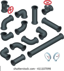 Vector 3d Flat Isometric Illustration Collection Of Detailed Construction Pieces: Pipes, Fittings, Gate Valve, Faucet. Water, Plastic, Icon, Wrench, Pipe. Vector