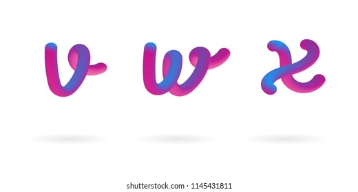 Vector 3d Fluid colored alphabet. Alphabet font  isolated on white. Letters v, w, x