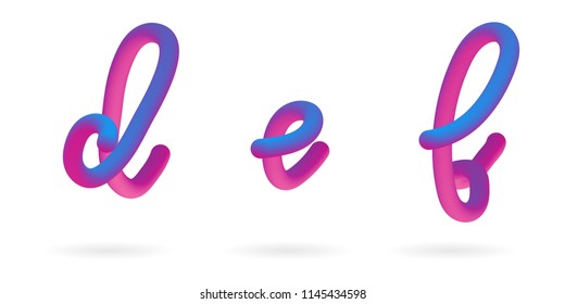 Vector 3d Fluid colored alphabet. Alphabet font  isolated on white. Letters d, e, f