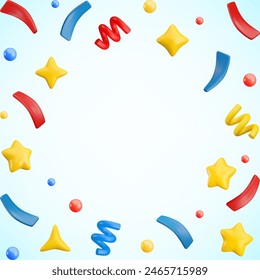 Vector 3d flying party confetti frame background. Colorful Realistic 3d poppers with star, bubbles, sparkles, serpentine spirals and ribbon on blue. Festive cartoon 3d render firecracker elements.