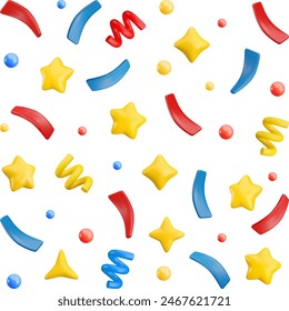 Vector 3d flying party confetti square background. Colorful Realistic 3d poppers with star, bubbles, sparkles, serpentine spirals and ribbon on white. Festive cartoon 3d render firecracker elements.