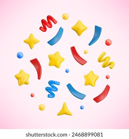 Vector 3d flying party confetti set. Colorful Realistic 3d poppers with star, bubbles, sparkles, serpentine spirals and ribbon on pink background. Festive cartoon 3d render firecracker elements.