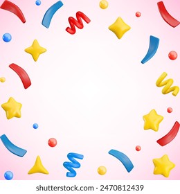 Vector 3d flying party confetti empty frame. Colorful Realistic 3d poppers with star, bubbles, sparkles, serpentine spirals and ribbon on pink. Festive cute cartoon 3d firecracker elements background.