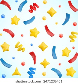 Vector 3d flying party confetti background. Colorful Realistic 3d poppers with star, bubbles, sparkles, serpentine spirals and ribbon on blue. Festive cartoon 3d render firecracker elements.