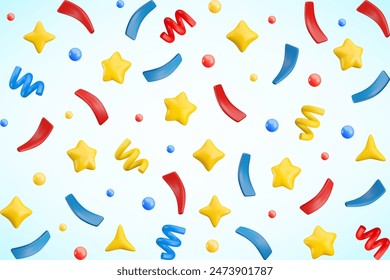 Vector 3d flying party confetti horizontal background. Colorful Realistic 3d poppers with star, sparkles, bubbles, serpentine spirals and ribbon on blue. Festive cartoon 3d render firecracker elements