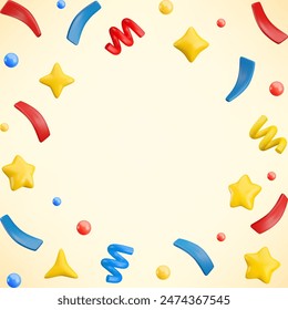 Vector 3d flying party confetti empty frame. Colorful Realistic 3d poppers with star, sparkles, bubbles, serpentine spirals and ribbon on yellow. Festive cute cartoon 3d firecracker element background