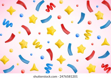 Vector 3d flying party confetti horizontal background. Colorful Realistic 3d poppers with star, bubble, sparkle, serpentine spiral and ribbon on pink. Festive cartoon 3d render firecracker background.
