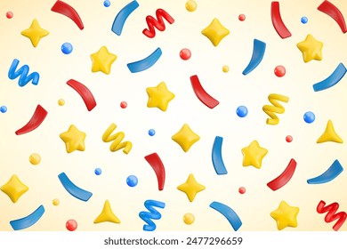 Vector 3d flying party confetti horizontal background. Colorful Realistic 3d poppers with star, bubble, sparkle, serpentine spiral and ribbon. Festive cartoon 3d render firecracker yellow background.