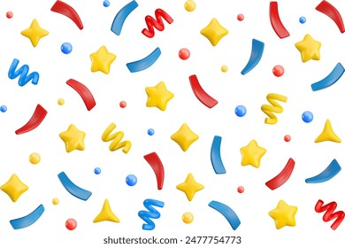 Vector 3d flying party confetti horizontal background. Colorful Realistic 3d poppers with star, bubble, sparkles, serpentine spirals and ribbon on white. Festive cartoon 3d render firecracker element.