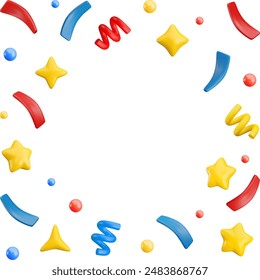 Vector 3d flying party confetti frame background. Colorful Realistic 3d poppers with star, sparkle, bubble, serpentine spirals, ribbon isolated on white. Festive cartoon 3d render firecracker elements