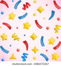 Vector 3d flying party confetti square background. Colorful Realistic 3d poppers with star, bubbles, sparkles, serpentine spirals and ribbon on pink. Festive cartoon 3d render firecracker elements.