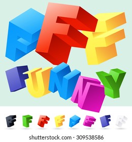 Vector 3D font of randomly rotated colourful letters. All letters in alphabet have 8 random points of view. Letter F