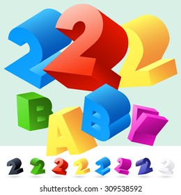 Vector 3D font of randomly rotated colourful letters. All letters in alphabet have 8 random points of view. Number 2