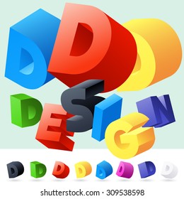 Vector 3D font of randomly rotated colourful letters. All letters in alphabet have 8 random points of view. Letter D