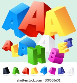 Vector 3D font of randomly rotated colourful letters. All letters in alphabet have 8 random points of view. Letter A