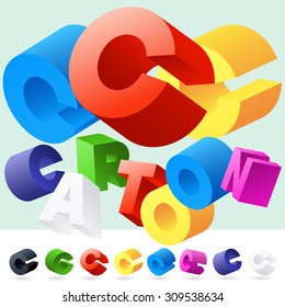 Vector 3D font of randomly rotated colourful letters. All letters in alphabet have 8 random points of view. Letter C