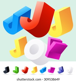 Vector 3D font of randomly rotated colourful letters. All letters in alphabet have 8 random points of view. Letter J