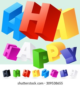 Vector 3D font of randomly rotated colourful letters. All letters in alphabet have 8 random points of view. Letter H