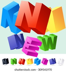 Vector 3D font of randomly rotated colourful letters. All letters in alphabet have 8 random points of view. Letter N