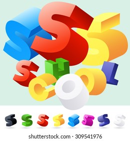 Vektor 3D Schriftart von zufällig rotierten bunten Buchstaben. Alle Buchstaben in Alphabet haben 8 zufällige Ansichtspunkte. Buchstabe S