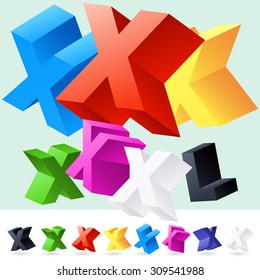 Vector 3D font of randomly rotated colourful letters. All letters in alphabet have 8 random points of view. Letter X