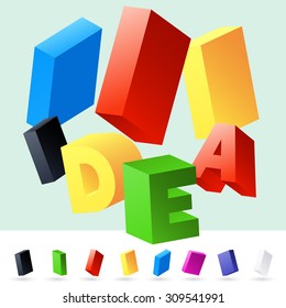 Vector 3D font of randomly rotated colourful letters. All letters in alphabet have 8 random points of view. Letter I