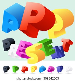 Vector 3D font of randomly rotated colourful letters. All letters in alphabet have 8 random points of view. Letter P