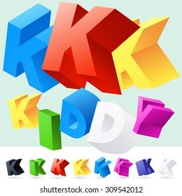 Vector 3D font of randomly rotated colourful letters. All letters in alphabet have 8 random points of view. Letter K