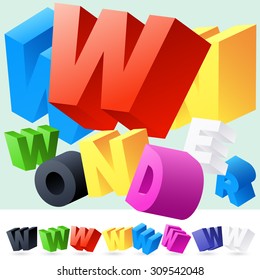 Vector 3D font of randomly rotated colourful letters. All letters in alphabet have 8 random points of view. Letter W