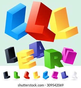 Vector 3D font of randomly rotated colourful letters. All letters in alphabet have 8 random points of view. Letter L