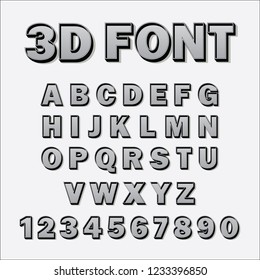 Vector 3D font with shadow. Typography. Alphabet and numbers.