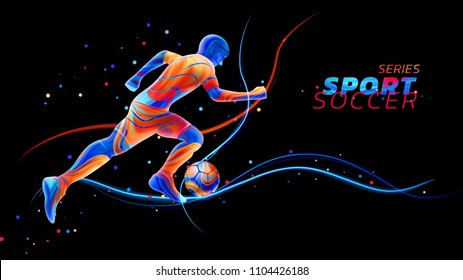 Vector 3d football player with neon light lines isolated on black background with colorful spots. Liquid design with colored paintbrush. Soccer illustration. Sports and athletics or competition theme.