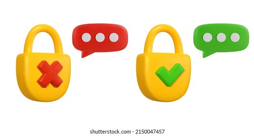 Vector 3d Forgot Password Icon. Cartoon Render Yellow Padlock Isolated On White Background. Security Concept, Wrong Password Recovery Illustration