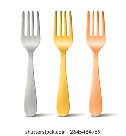 Vector 3d Fork Set Isolated on White. Realistic Silver, Gold and Copper Fork Icon. Metal Cutlery Illustration. Tableware Utensils, Restaurant, Kitchenware, Dinnerware, Food Serving Design Template