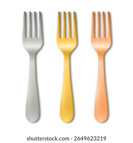 Conjunto de bifurcação 3d vetorial isolado em branco. Ícone realista do garfo de prata, ouro e cobre. Ilustração de talheres de metal. Utensílios de mesa, restaurante, utensílios de cozinha, utensílios de cozinha. Vista superior