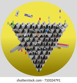 Vector. 3d form consisting of cubes. Triangular composition. It reminds poster with
the image of the space  ships.