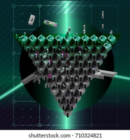 Vector. 3d form consisting of cubes. Triangular composition. It reminds poster with
the image of the space  ships.