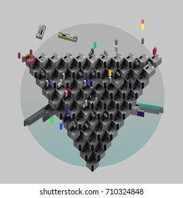 Vector. 3d form consisting of cubes. Triangular composition. It reminds poster with
the image of the space  ships.