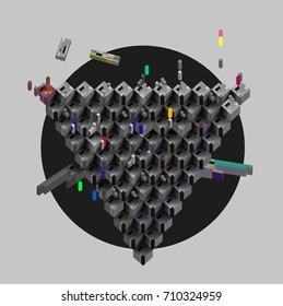 Vector. 3d form consisting of cubes. Triangular composition. It reminds poster with
the image of the space  ships.