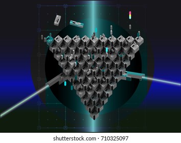 Vector. 3d form consisting of cubes. Triangular composition. It reminds poster with
the image of the space  ships.