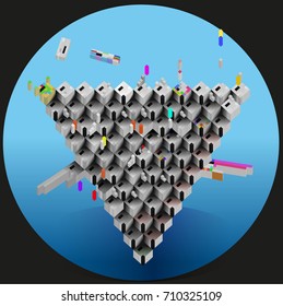 Vector. 3d form consisting of cubes. Triangular composition. It reminds poster with
the image of the space  ships.